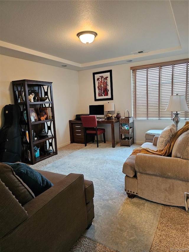 carpeted living room with a tray ceiling and a textured ceiling