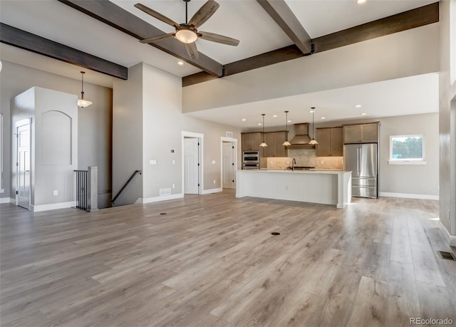 unfurnished living room featuring sink, light hardwood / wood-style floors, beamed ceiling, and ceiling fan