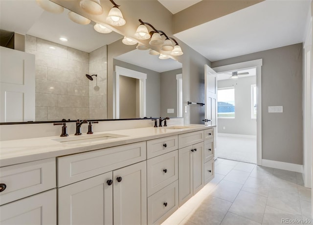 bathroom with vanity and tile patterned flooring