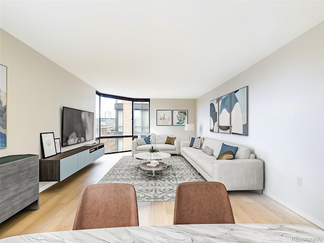 living area featuring expansive windows and light wood-style flooring