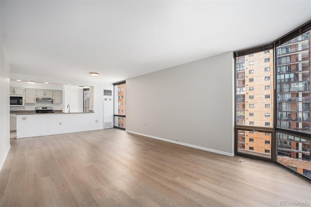 unfurnished living room with a sink, baseboards, light wood finished floors, and a wealth of natural light