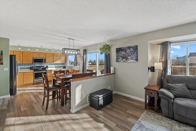 180 S Carlton St, Castle Rock, CO 80104 - kitchen with appliances with stainless steel finishes, wood finished floors, a textured ceiling, healthy amount of natural light, and baseboards