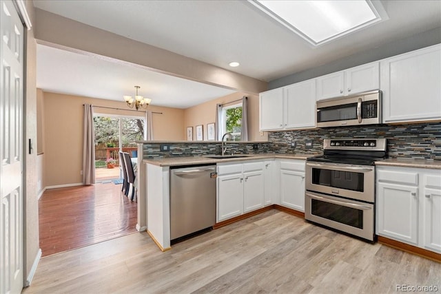 kitchen with stainless steel appliances, a sink, tasteful backsplash, light wood-type flooring, and white cabinets