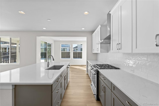 kitchen featuring wall chimney range hood, decorative backsplash, white cabinets, appliances with stainless steel finishes, and sink