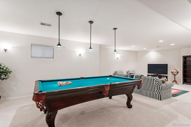 game room featuring light colored carpet and pool table