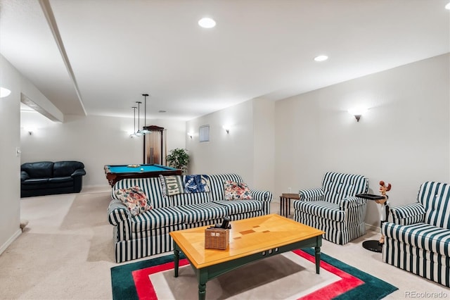 playroom featuring light colored carpet and pool table