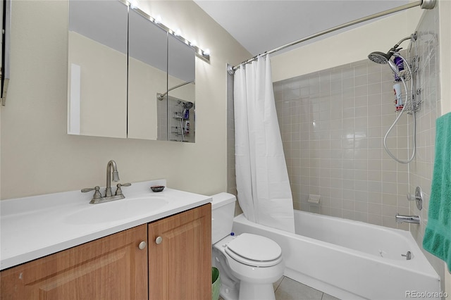 14110 E Dickinson Dr Unit A, Aurora, CO 80014 - bathroom with shower / tub combo with curtain, toilet, vanity, and tile patterned floors