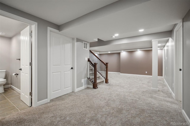 16690 Amberstone Way, Parker, CO 80134 - finished basement with carpet floors, stairs, and recessed lighting