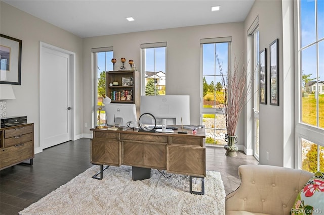 office area with a wealth of natural light and dark hardwood / wood-style floors