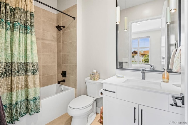 full bathroom featuring toilet, vanity, and shower / tub combo