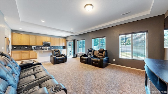 19000 E 55th Ave, Denver, CO 80249 - living area with a raised ceiling, light carpet, and recessed lighting