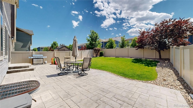 19000 E 55th Ave, Denver, CO 80249 - fenced backyard with a patio area, a grill, and outdoor dining area
