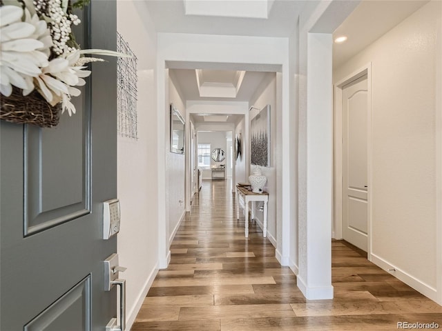 hall with hardwood / wood-style flooring and a raised ceiling