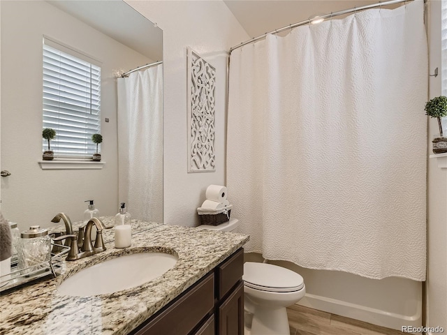 bathroom featuring vanity, toilet, and hardwood / wood-style floors