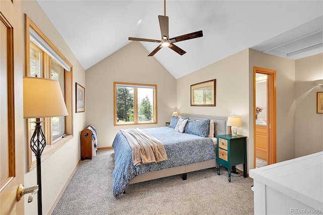 14980 Elk Mountain Trl, Littleton, CO 80127 - bedroom featuring light colored carpet, lofted ceiling, and ceiling fan