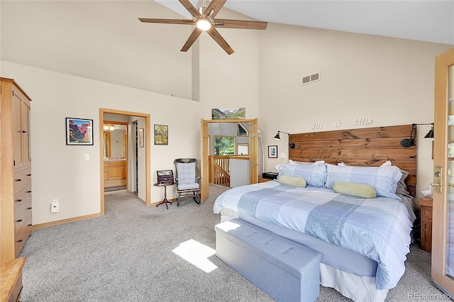 14980 Elk Mountain Trl, Littleton, CO 80127 - bedroom featuring light colored carpet, high vaulted ceiling, a ceiling fan, and ensuite bathroom