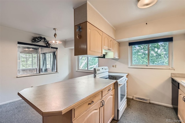 2122 S Yank Way, Lakewood, CO 80228 - kitchen with electric stove, light brown cabinets, a peninsula, and dark carpet