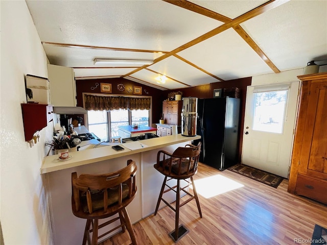 kitchen with a wealth of natural light, a peninsula, vaulted ceiling, and freestanding refrigerator