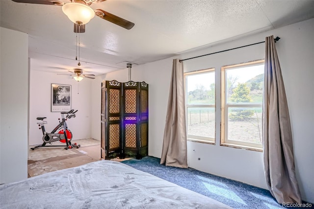 carpeted bedroom with a textured ceiling