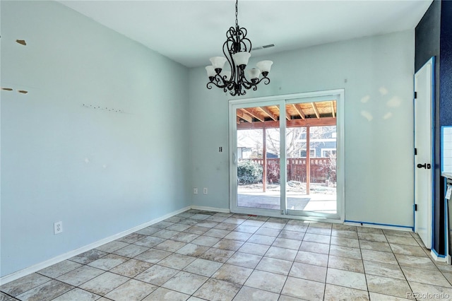 spare room with light tile patterned floors, visible vents, baseboards, and an inviting chandelier