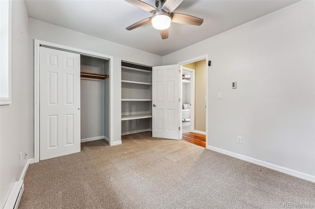 unfurnished bedroom with carpet floors, a ceiling fan, and baseboards