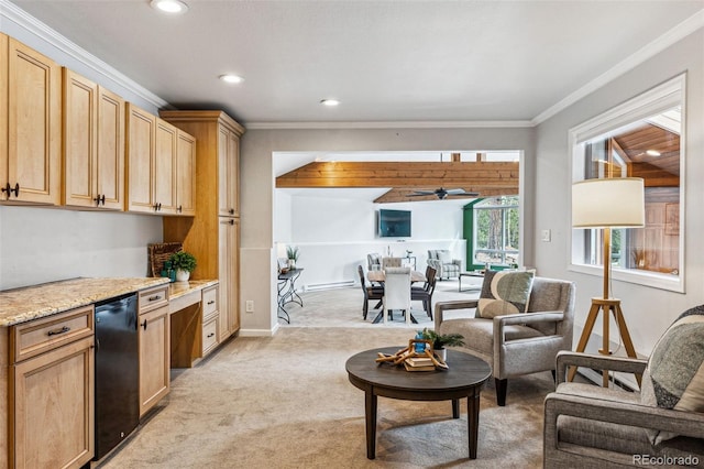 kitchen with recessed lighting, light colored carpet, baseboards, open floor plan, and ornamental molding