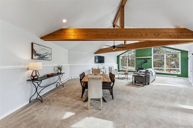 dining room featuring recessed lighting, carpet flooring, vaulted ceiling with beams, and baseboards