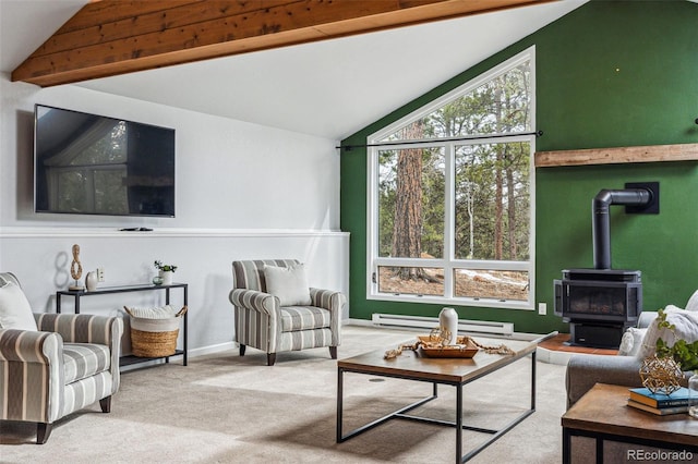 carpeted living room with a wood stove, vaulted ceiling with beams, and baseboard heating