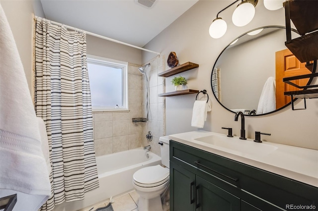 full bath featuring toilet, shower / tub combo, tile patterned floors, and vanity