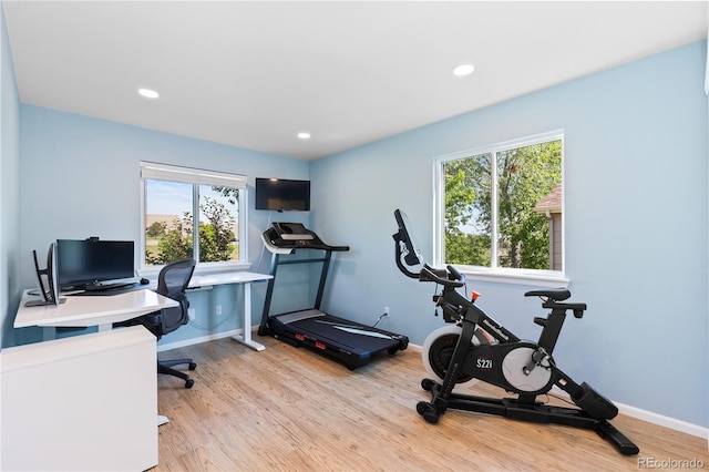 15963 Rock Crystal Dr, Parker, CO 80134 - exercise room featuring plenty of natural light, wood finished floors, baseboards, and recessed lighting
