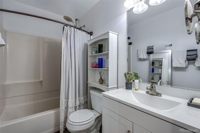 full bathroom featuring toilet, vanity, and shower / bathtub combination with curtain