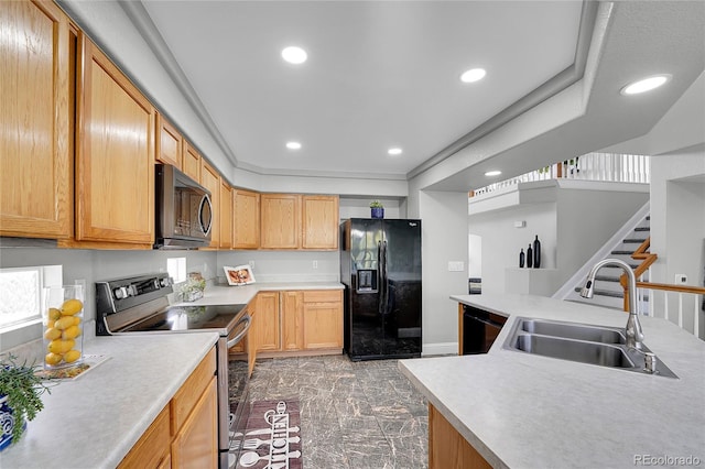 19731 E 40th Ave, Denver, CO 80249 - kitchen featuring black fridge with ice dispenser, stainless steel range with electric cooktop, marble finish flooring, recessed lighting, and light countertops