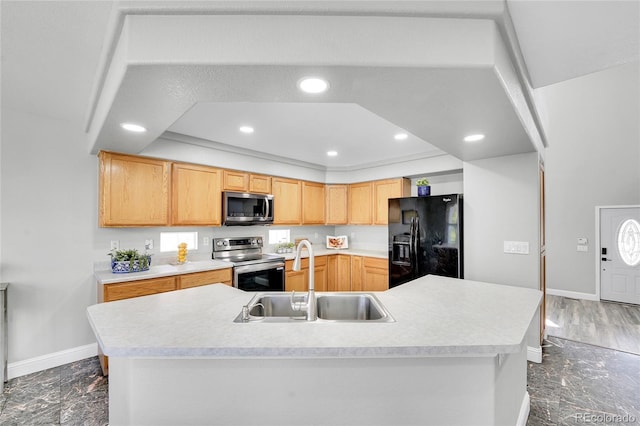 19731 E 40th Ave, Denver, CO 80249 - kitchen with stainless steel appliances, dark marble finish floors, recessed lighting, light countertops, and light brown cabinetry