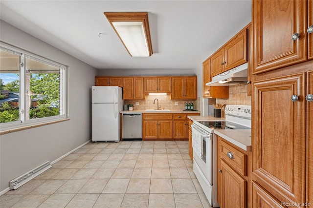 1905 S Linden Ct, Denver, CO 80224 - kitchen featuring white appliances, under cabinet range hood, light countertops, tasteful backsplash, and brown cabinetry