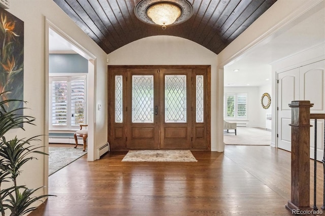 5340 S Logan Dr, Greenwood Village, CO 80121 - foyer entrance with wood-type flooring, a baseboard radiator, lofted ceiling, baseboards, and wooden ceiling