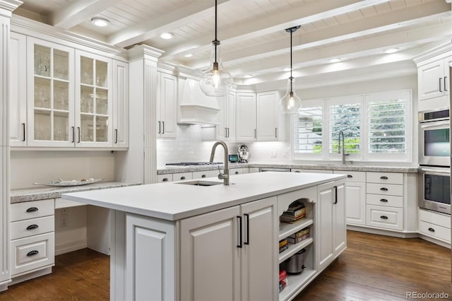 5340 S Logan Dr, Greenwood Village, CO 80121 - kitchen featuring custom range hood, stainless steel double oven, a sink, white cabinetry, and light countertops
