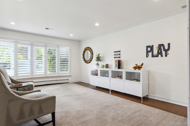 5340 S Logan Dr, Greenwood Village, CO 80121 - living area with dark wood-type flooring, crown molding, baseboards, baseboard heating, and recessed lighting