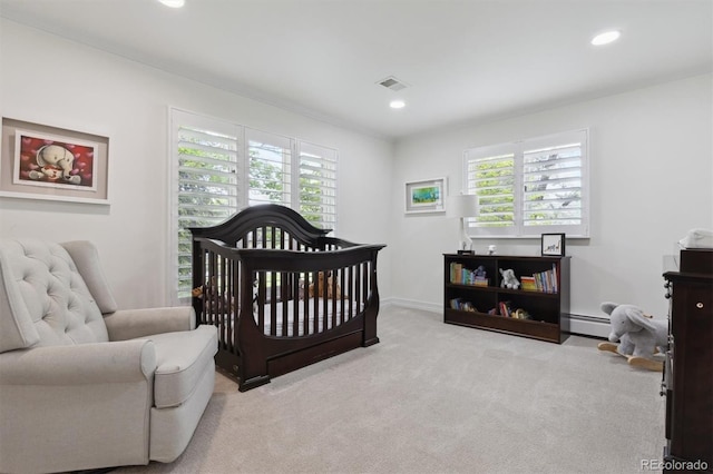5340 S Logan Dr, Greenwood Village, CO 80121 - bedroom featuring a baseboard radiator, carpet flooring, recessed lighting, baseboards, and a nursery area