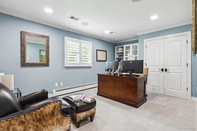 5340 S Logan Dr, Greenwood Village, CO 80121 - office featuring a baseboard heating unit, light colored carpet, recessed lighting, ornamental molding, and baseboards