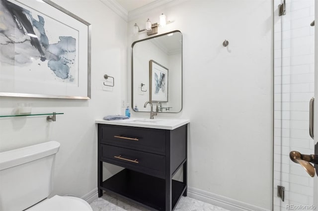 5340 S Logan Dr, Greenwood Village, CO 80121 - full bathroom with crown molding, toilet, vanity, and baseboards