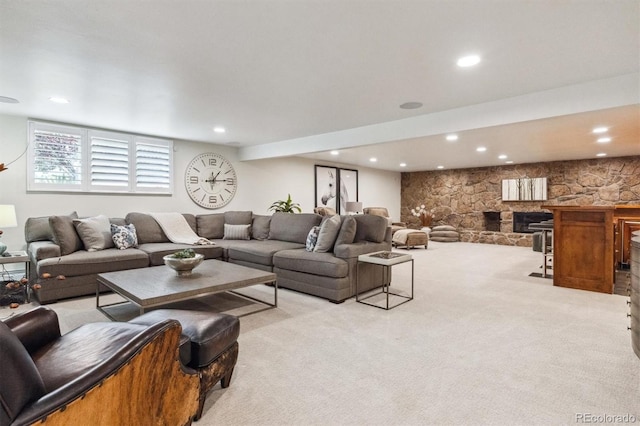 5340 S Logan Dr, Greenwood Village, CO 80121 - carpeted living room featuring recessed lighting and a stone fireplace