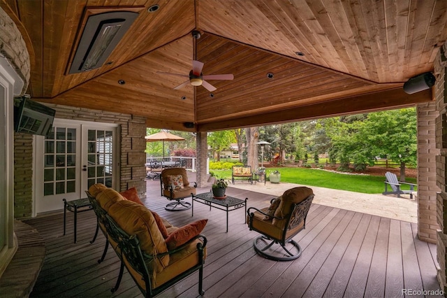 5340 S Logan Dr, Greenwood Village, CO 80121 - deck featuring french doors, an outdoor living space, ceiling fan, and a lawn