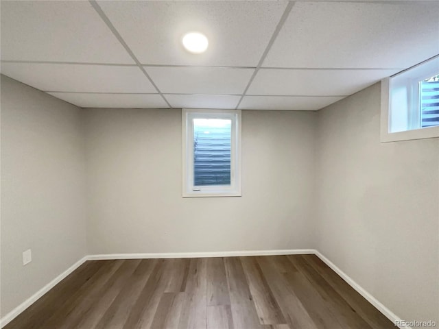 basement with hardwood / wood-style flooring and a drop ceiling