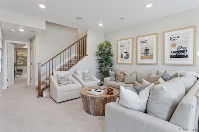 13334 Blue Amber Ct, Parker, CO 80134 - living room with light colored carpet, stairway, and recessed lighting