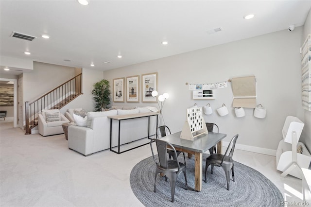 13334 Blue Amber Ct, Parker, CO 80134 - dining area featuring stairway, light colored carpet, and recessed lighting
