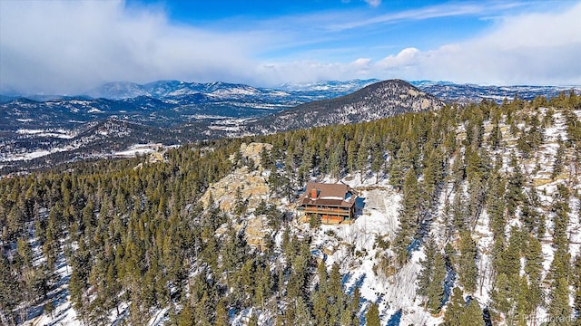 snowy aerial view featuring a mountain view