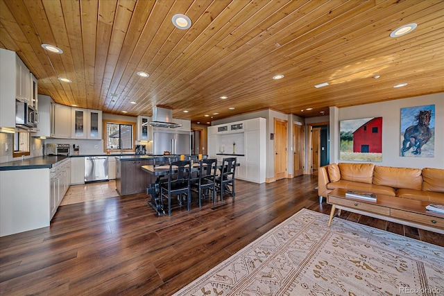 living room with sink, dark hardwood / wood-style floors, and wooden ceiling