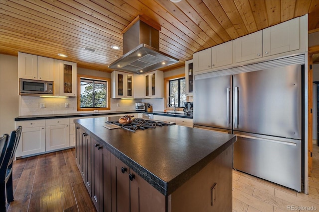 kitchen with appliances with stainless steel finishes, a center island, white cabinetry, island exhaust hood, and sink