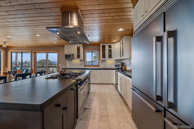 kitchen with exhaust hood, wood ceiling, white cabinetry, a kitchen island, and high quality appliances