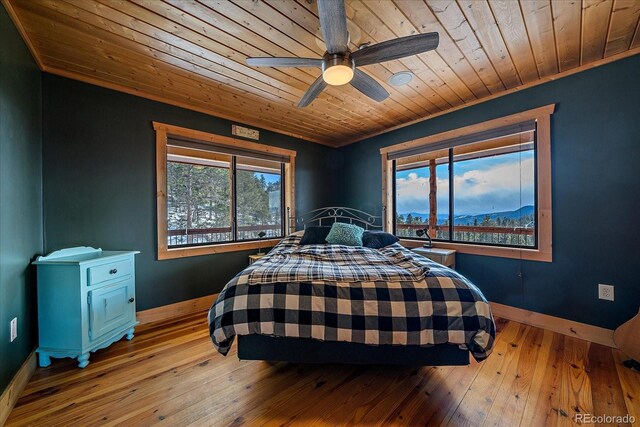 bedroom featuring multiple windows, light hardwood / wood-style flooring, ceiling fan, and wood ceiling